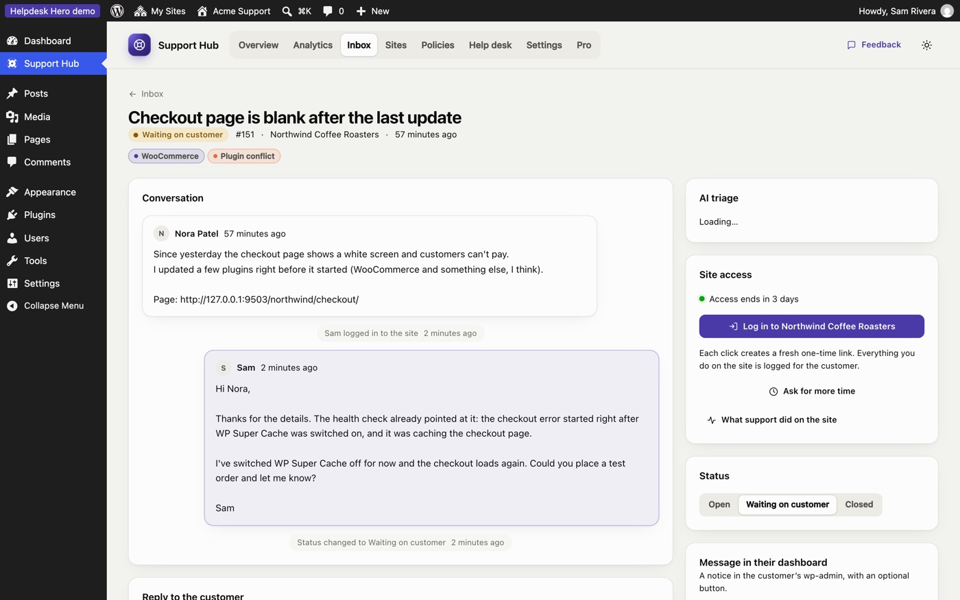 A ticket in the Helpdesk Hero hub: the customer's message, the support reply, and a one-click login to the customer's site.