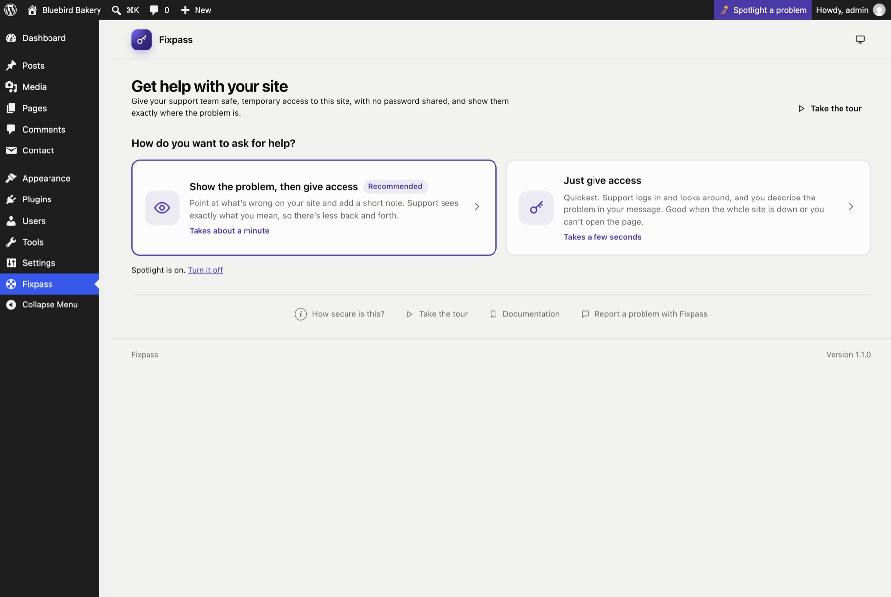 The Fixpass page: choose how to ask for help.