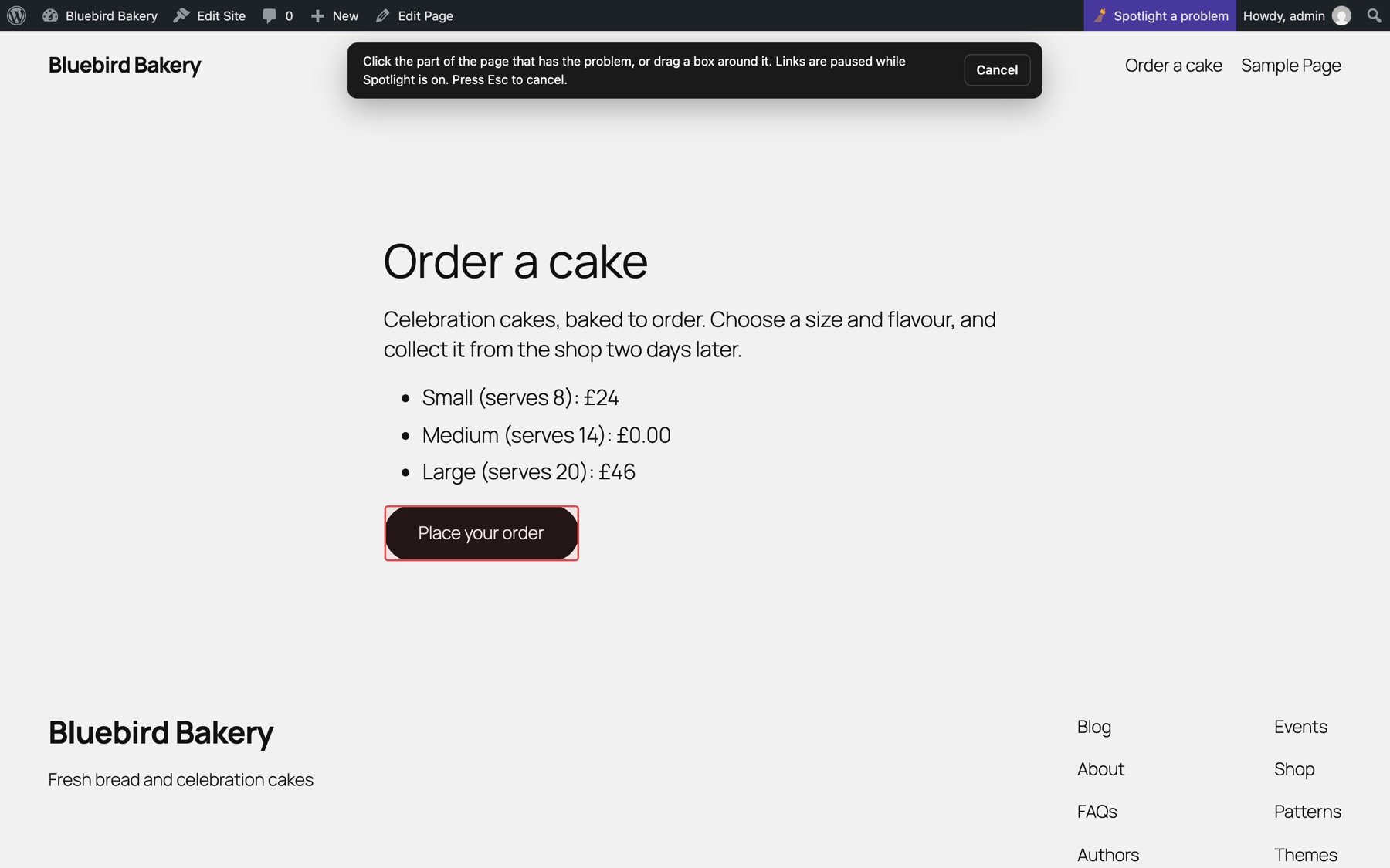 Spotlight is on: the part under the pointer is outlined. Click it, or drag a box.