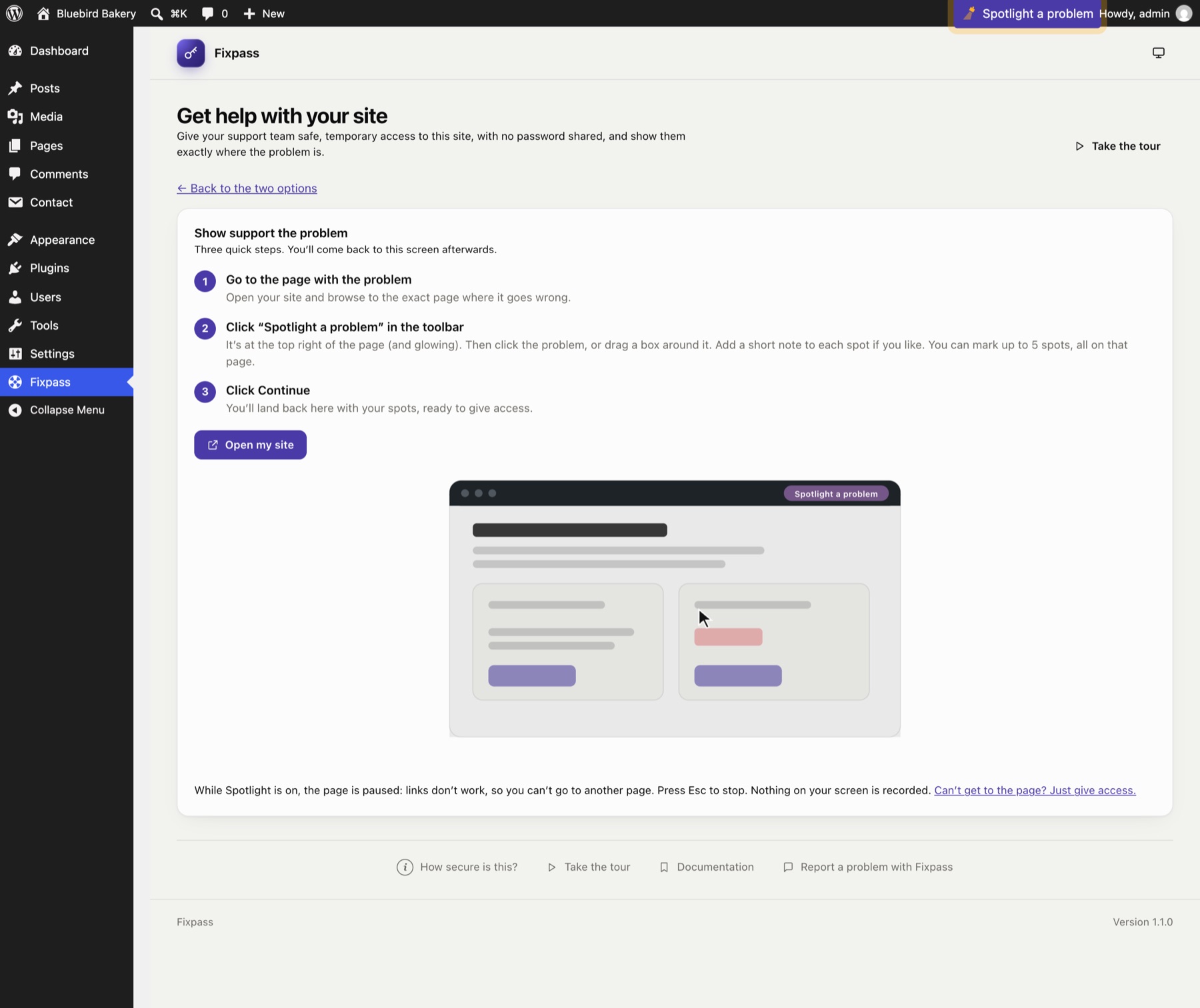 Show the problem: three steps, then back to the Fixpass page with your spots.
