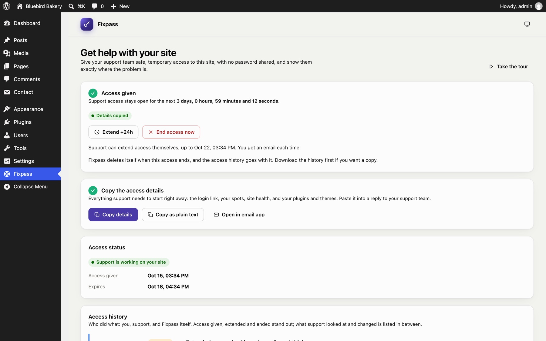 Support has logged in: the status says Support is working on your site.