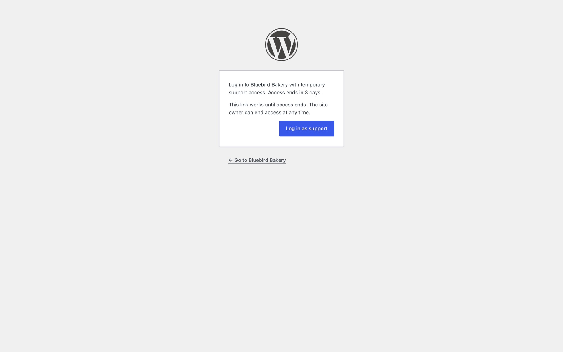 The confirmation page: click Log in as support.