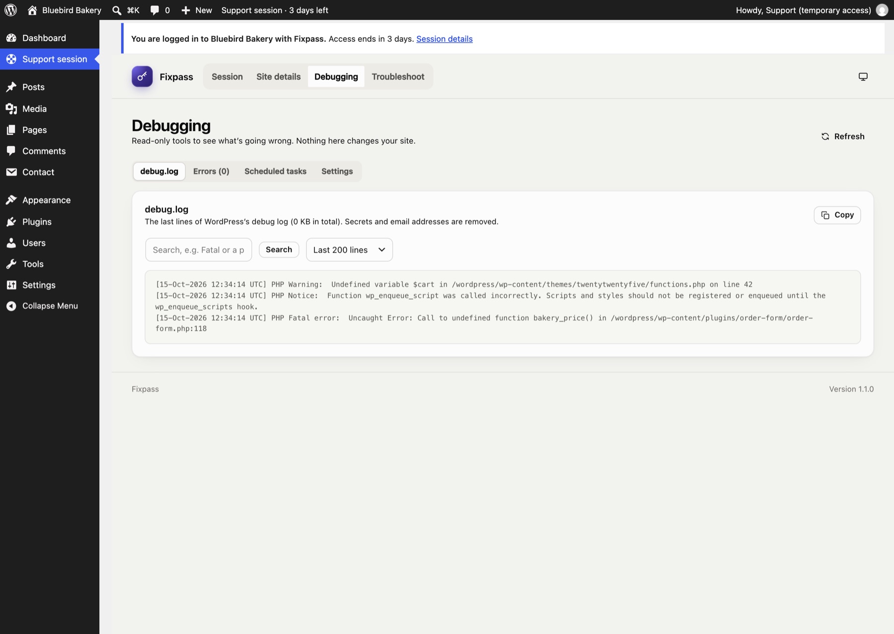 Debugging: the end of debug.log, with search.