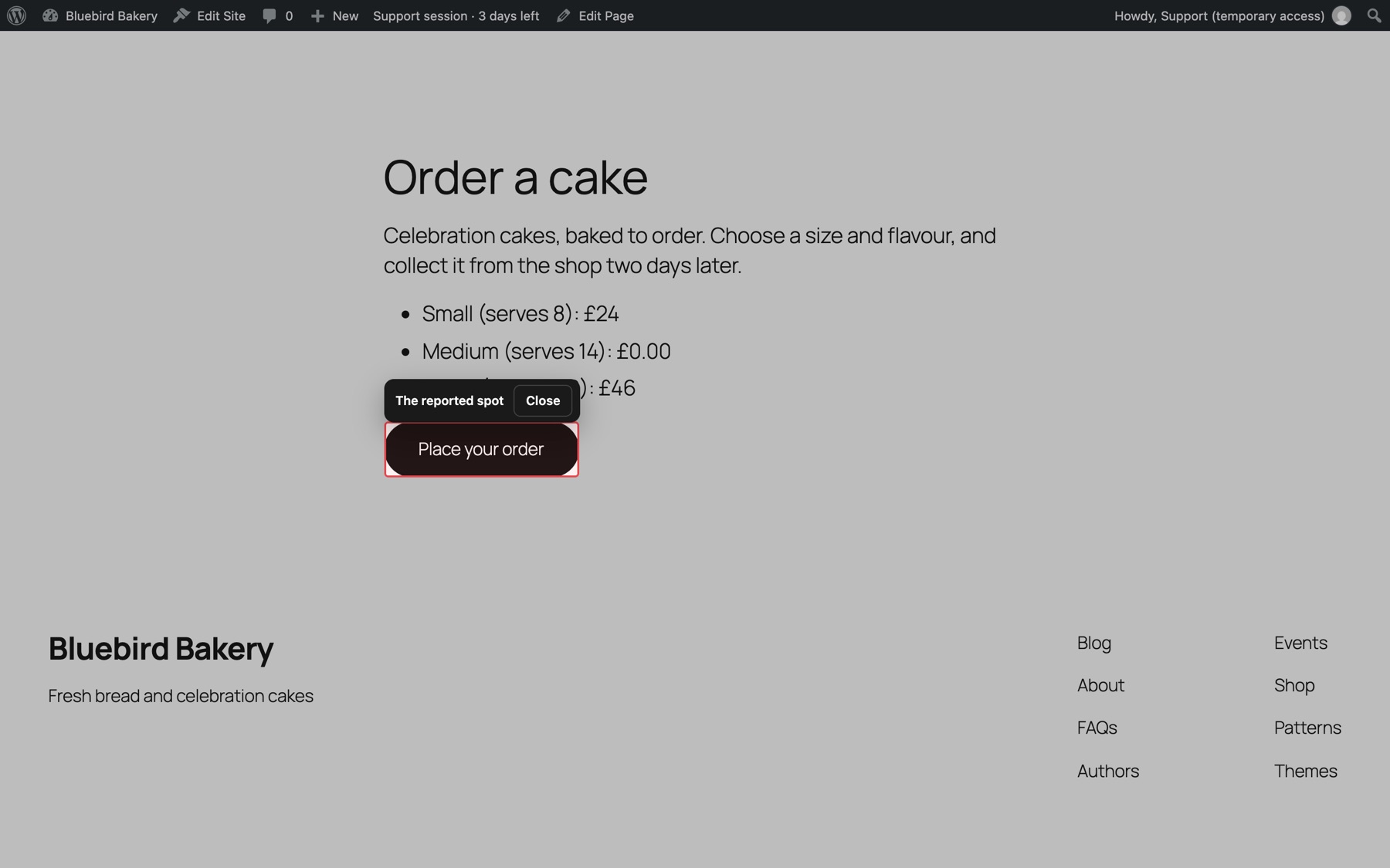 Support opens the page with the spot highlighted.