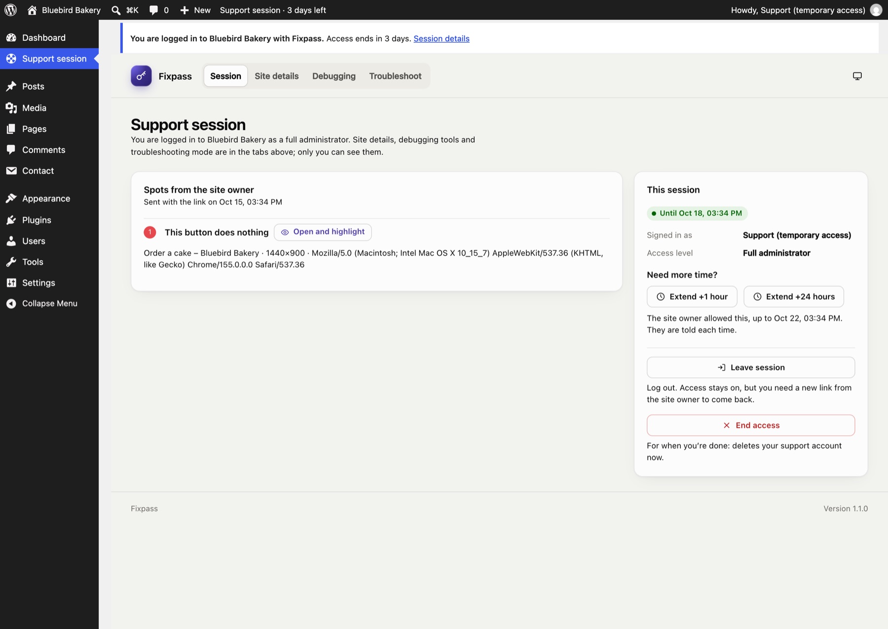 Support lands on the Session page with your spots.