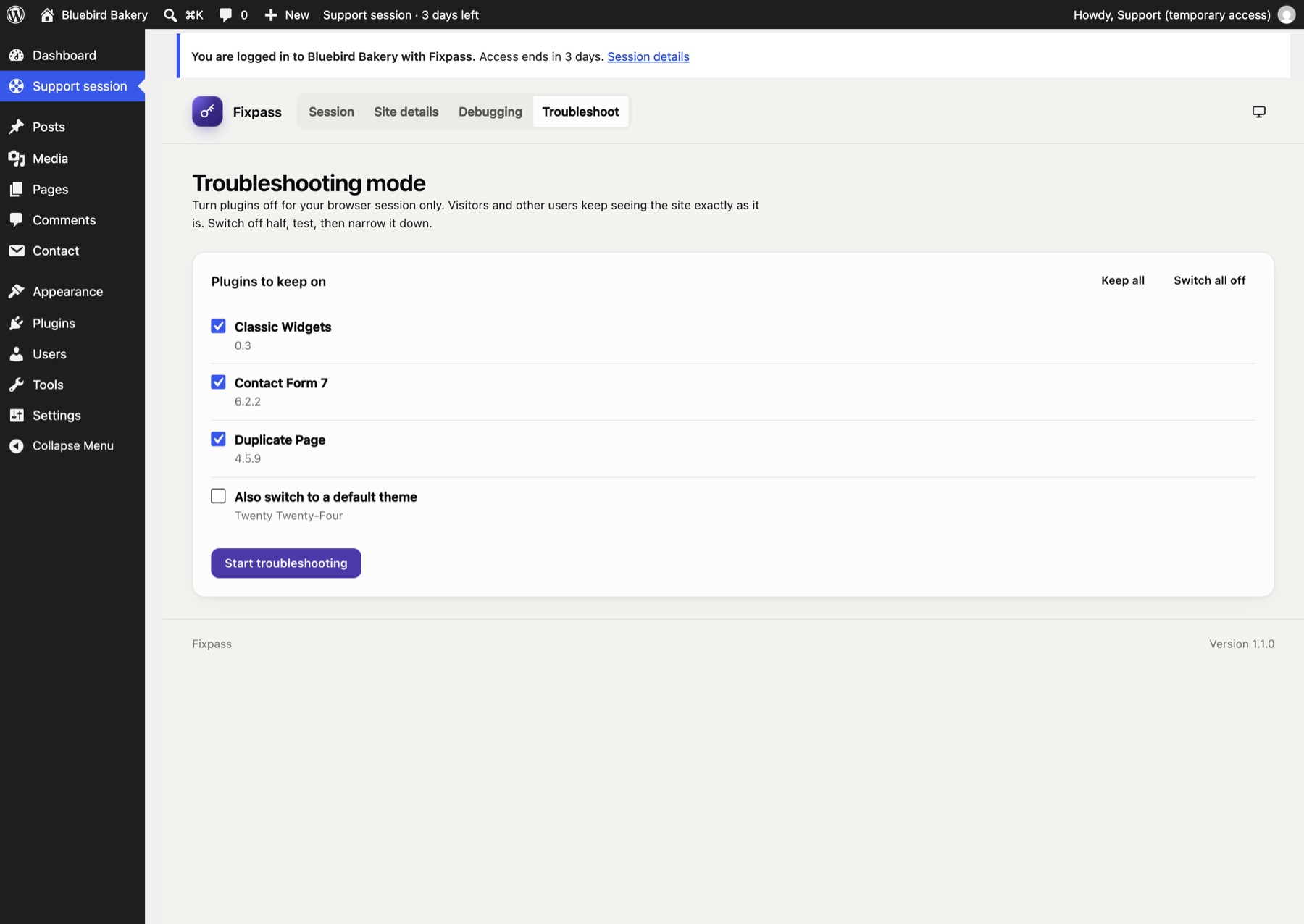 Troubleshooting mode: untick plugins to switch them off in your browser only.
