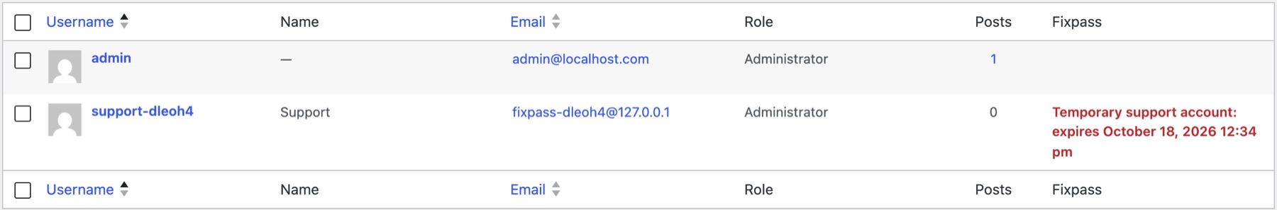 The support account on the Users screen, with when it expires.