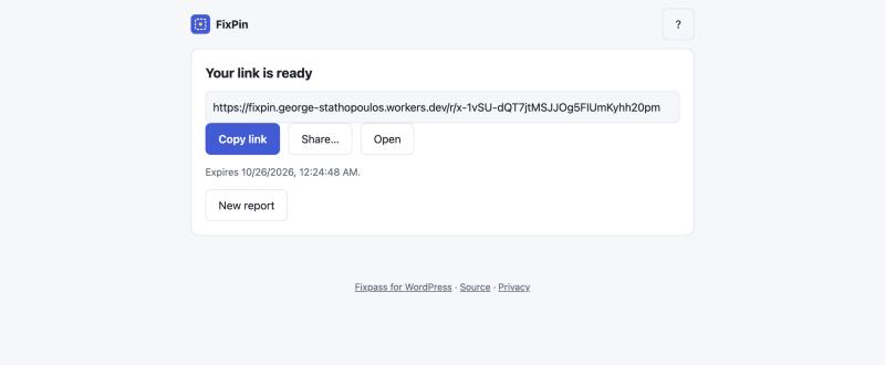 The link is ready: a private link with Copy link, Share and Open buttons, and the expiry date.
