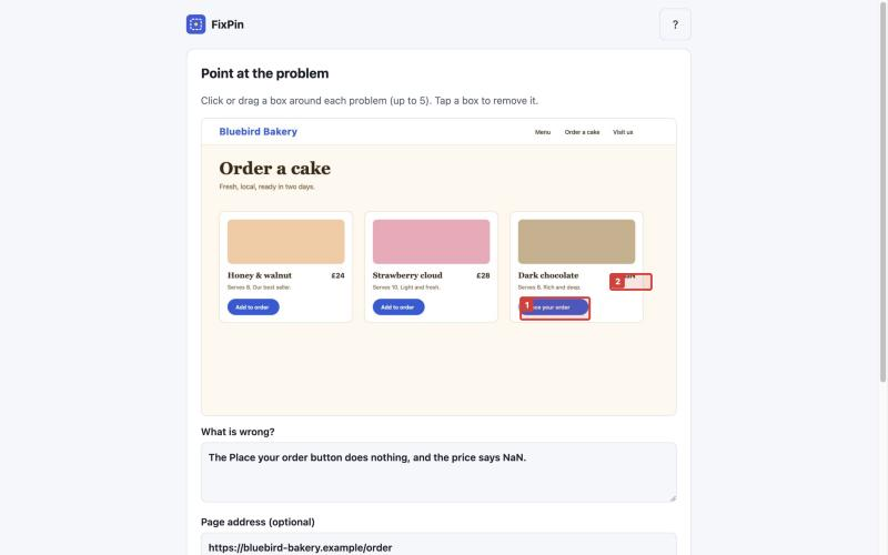 A screenshot of a bakery order page with two numbered red boxes: the Place your order button and the price.