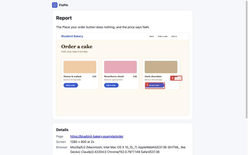 The report page: the screenshot with numbered spots, the note, and details such as the page, screen size and browser.