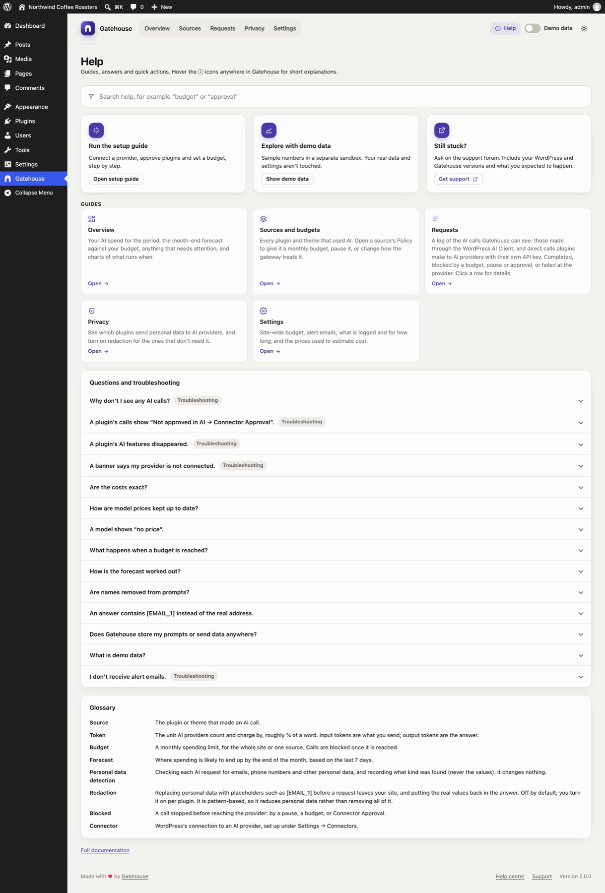 The in-plugin Help page with search, guides, FAQ and glossary.