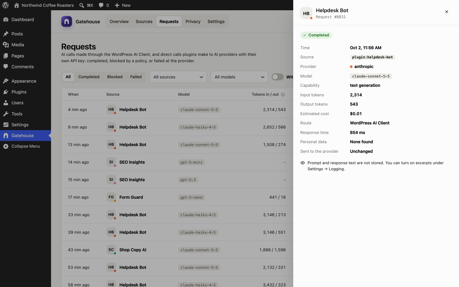 The detail panel for one AI call: tokens, cost, route and personal data.