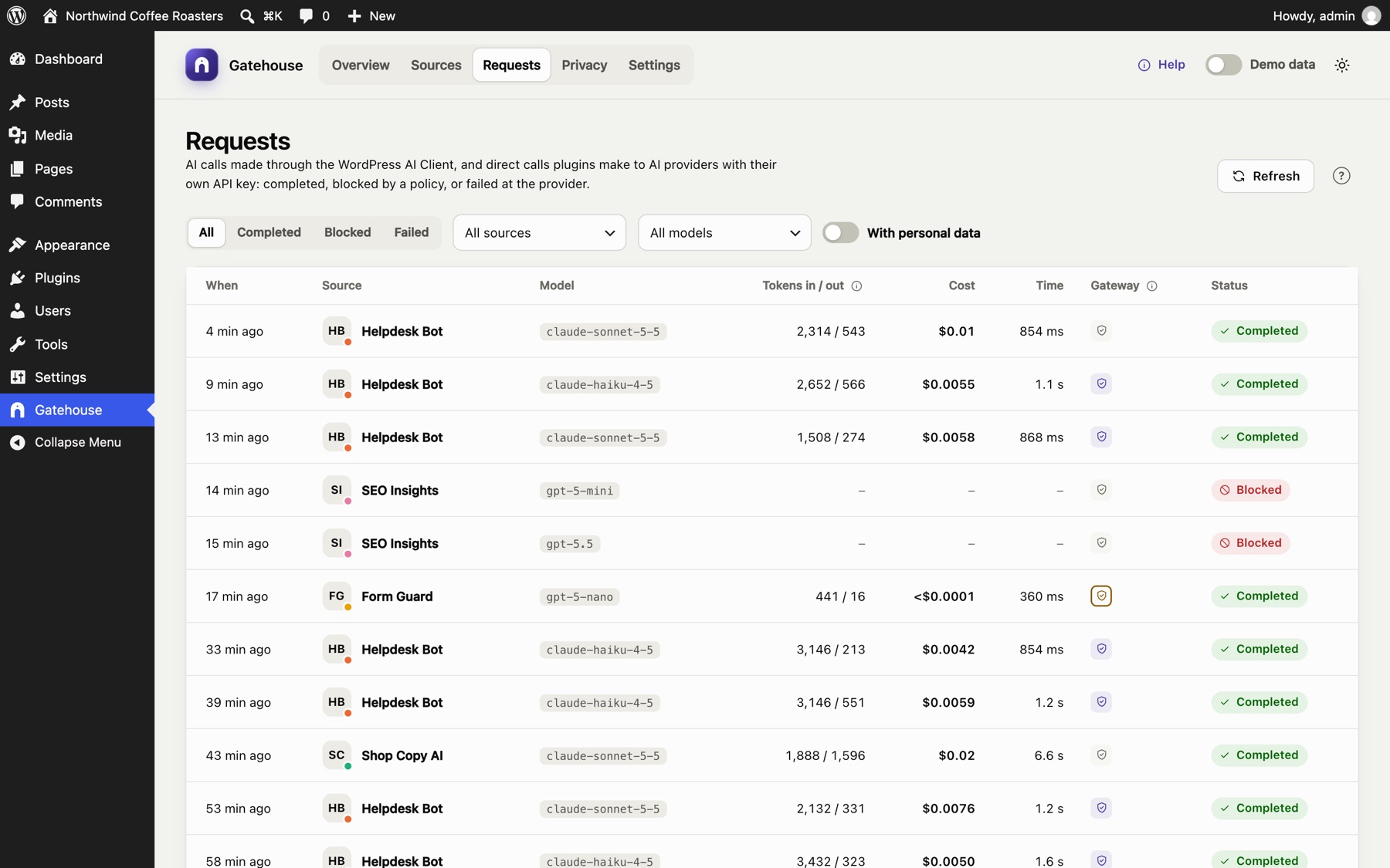 The Requests log listing each AI call with its plugin, model, tokens, cost and status.