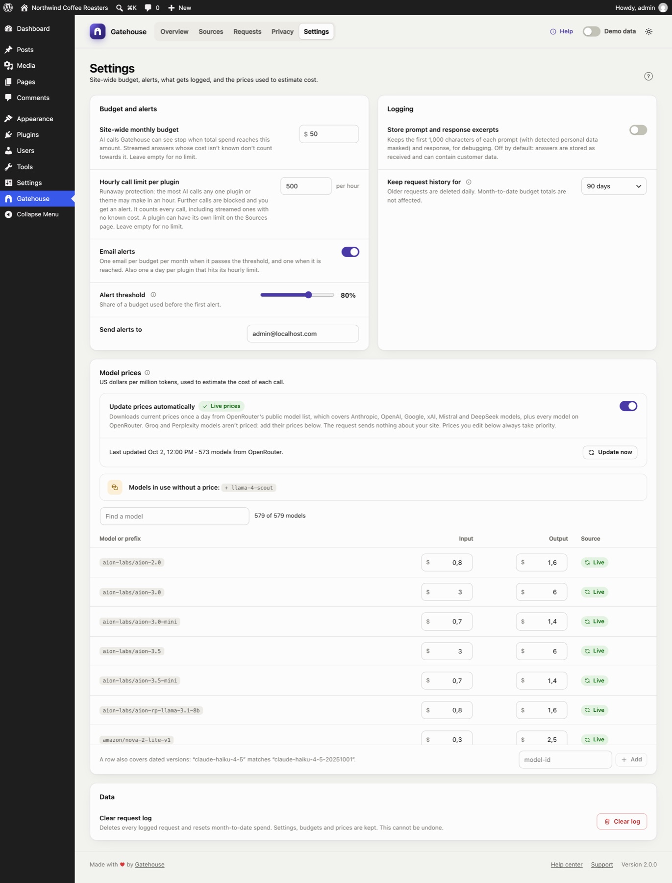 The Settings page