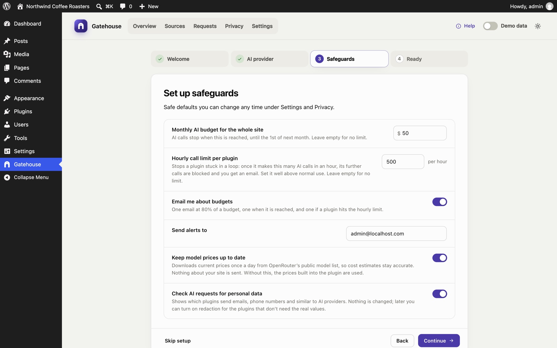 The setup guide step with the budget, hourly limit, alerts and personal data checks.