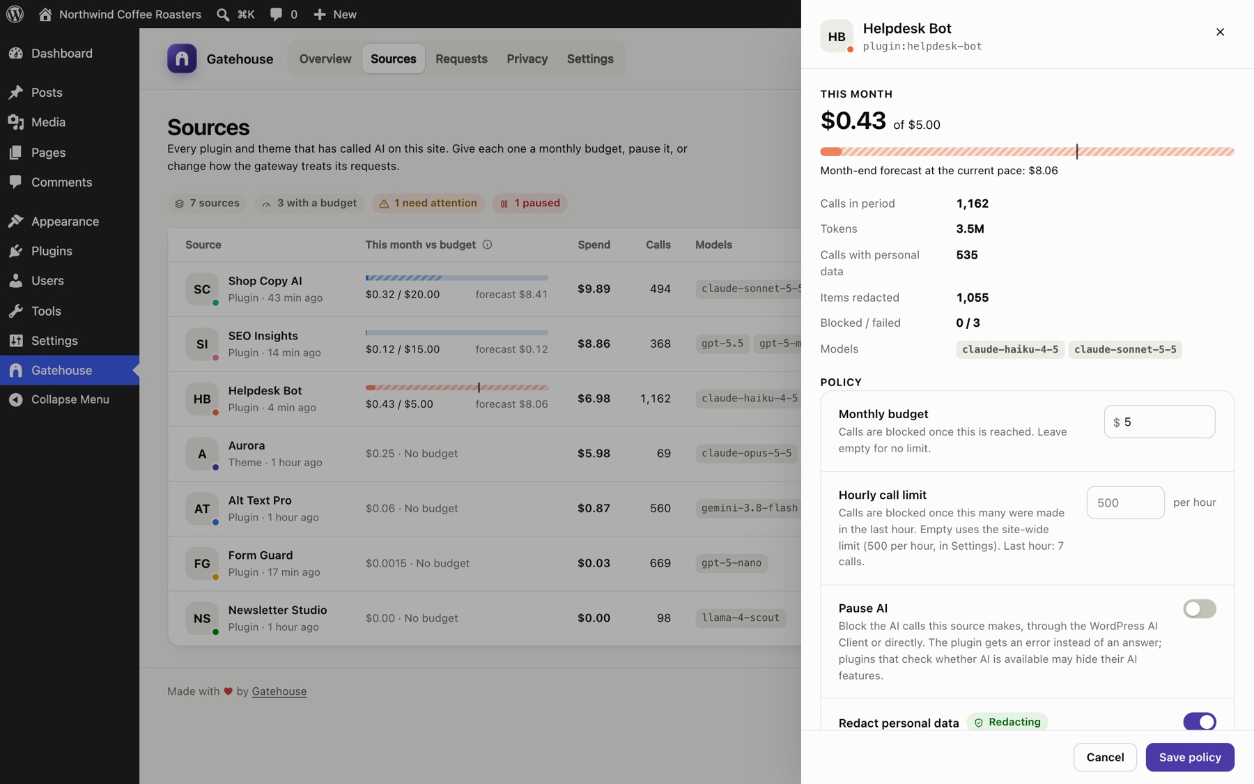 A plugin's policy: monthly budget, hourly call limit, pause and redaction switches.