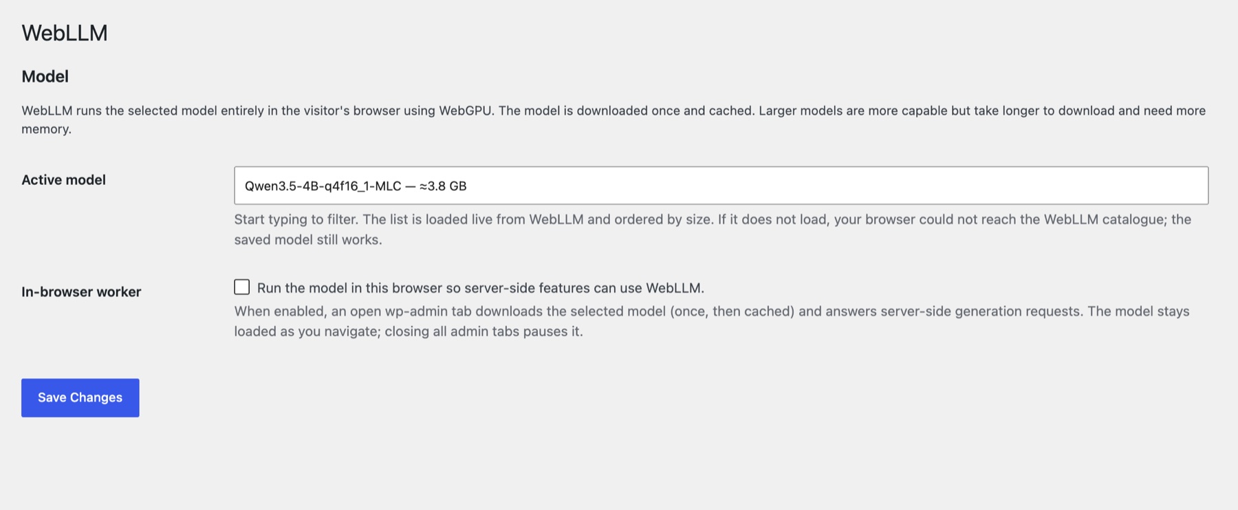 Settings → WebLLM: the active model and the In-browser worker option.
