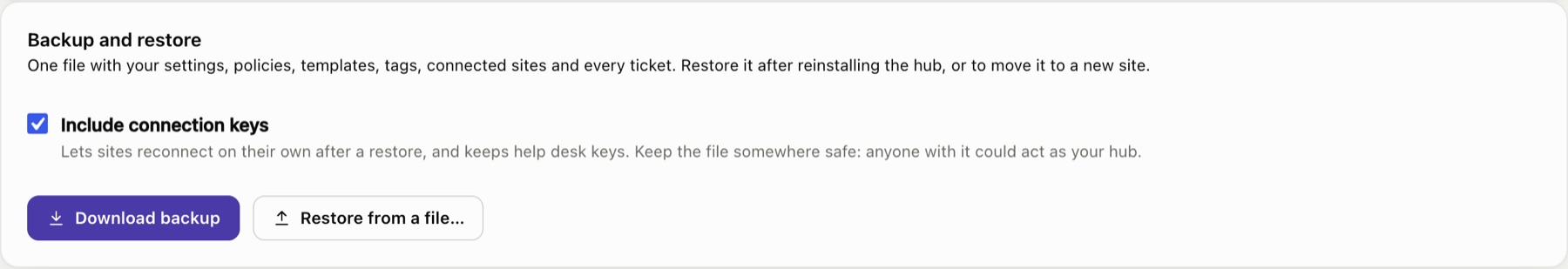 Backup and restore in the hub's Settings.