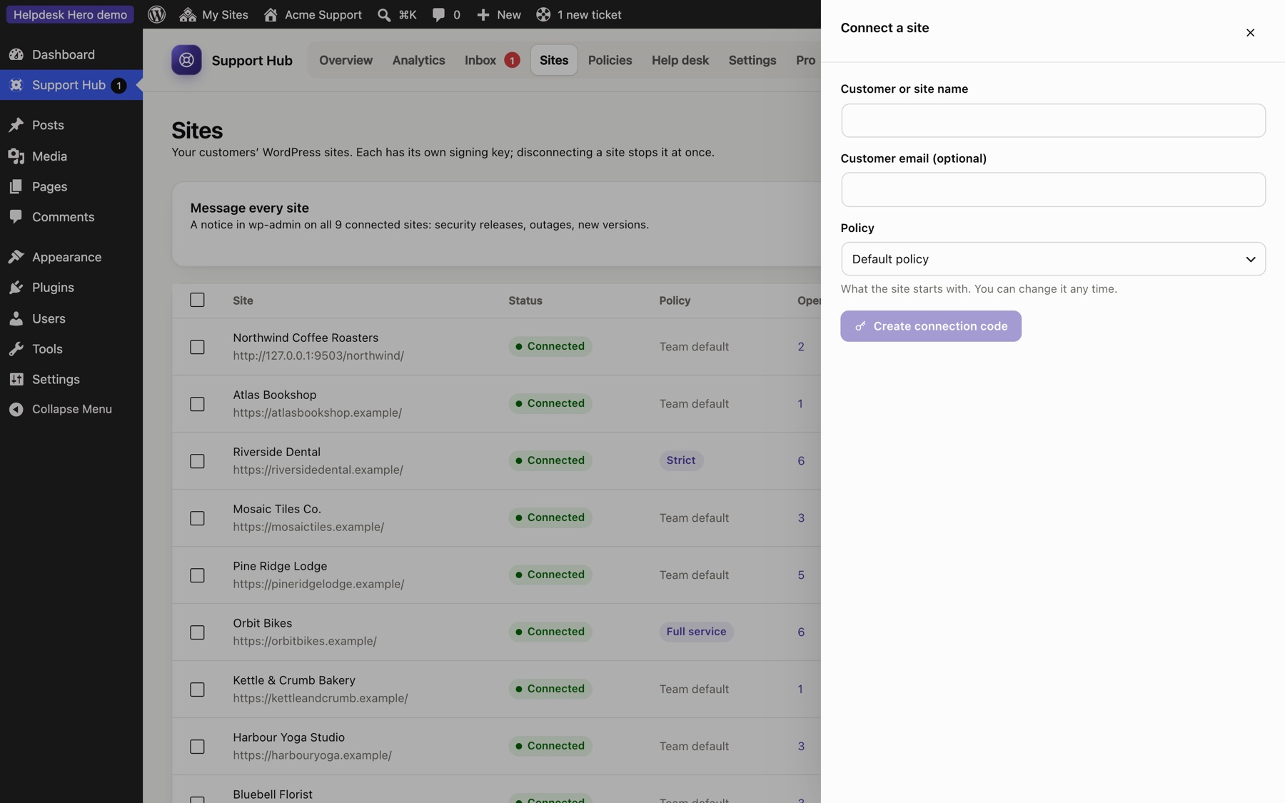 Creating a connection code in the hub.