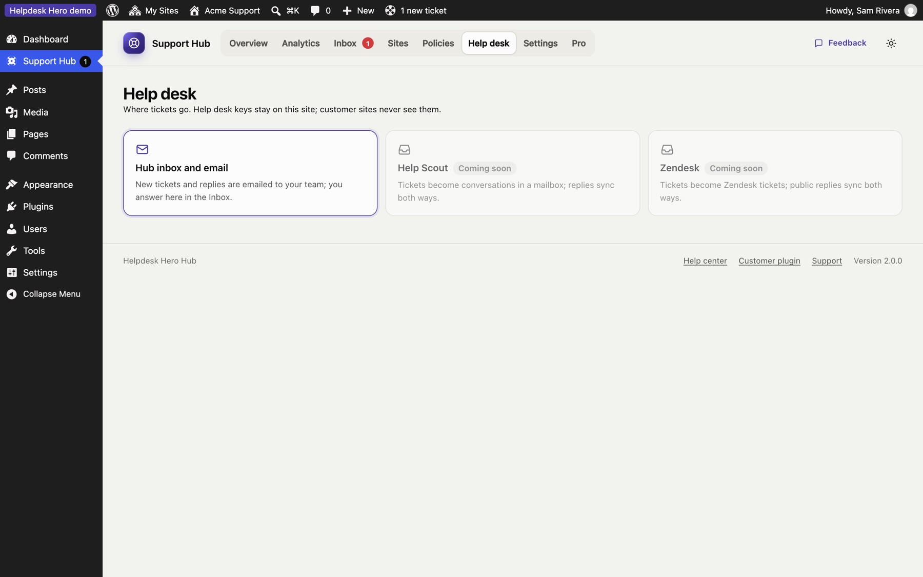 The Help desk page, with Help Scout and Zendesk coming soon.