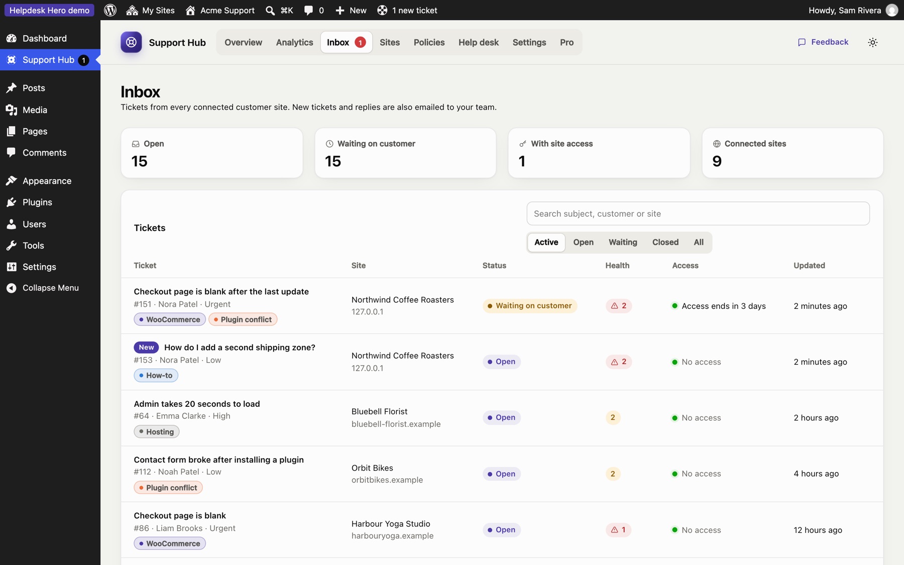 The hub inbox with tickets from several customer sites.