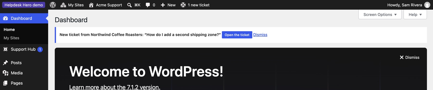 The new-ticket notice, the Support Hub count and the admin bar link.