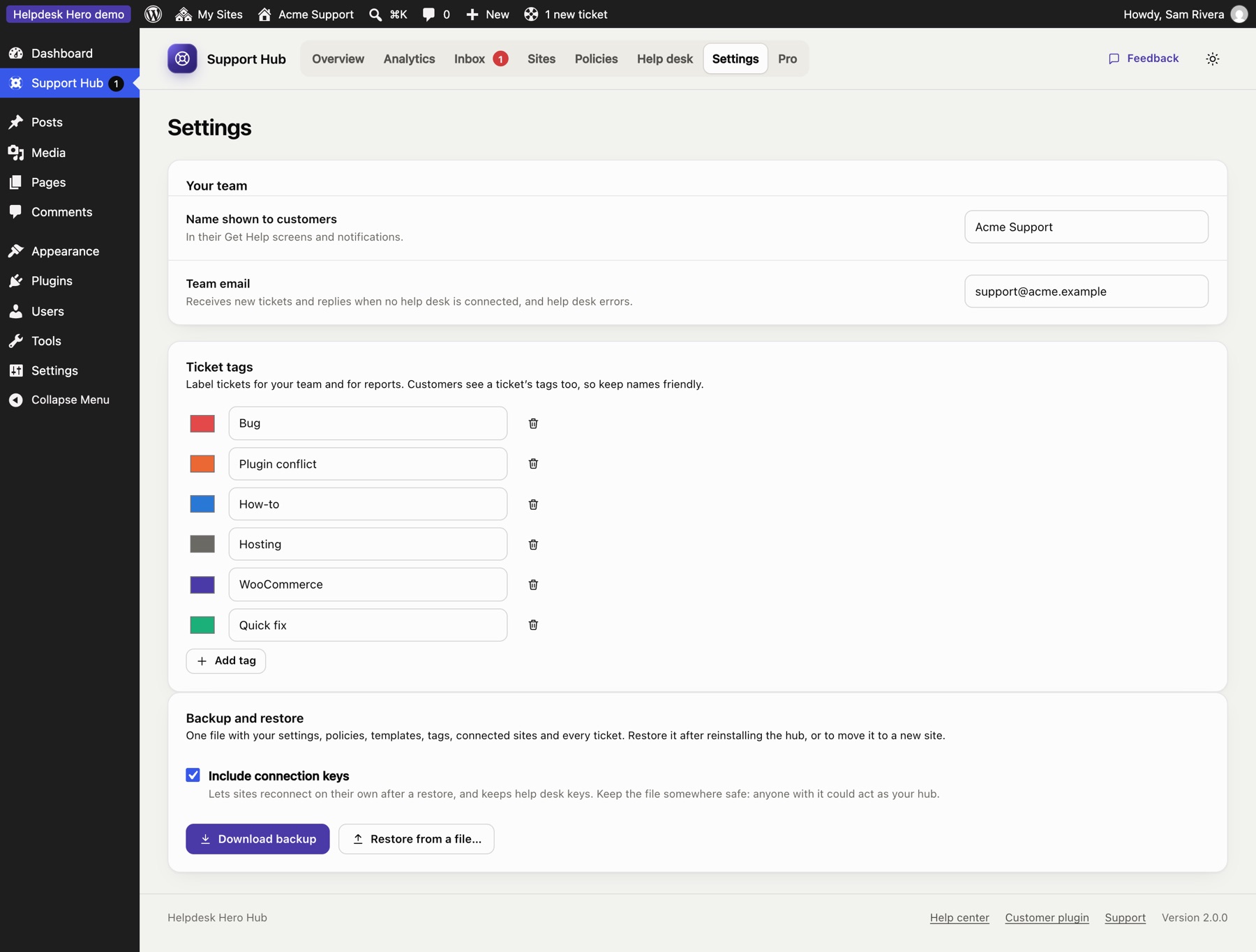 The hub Settings page.
