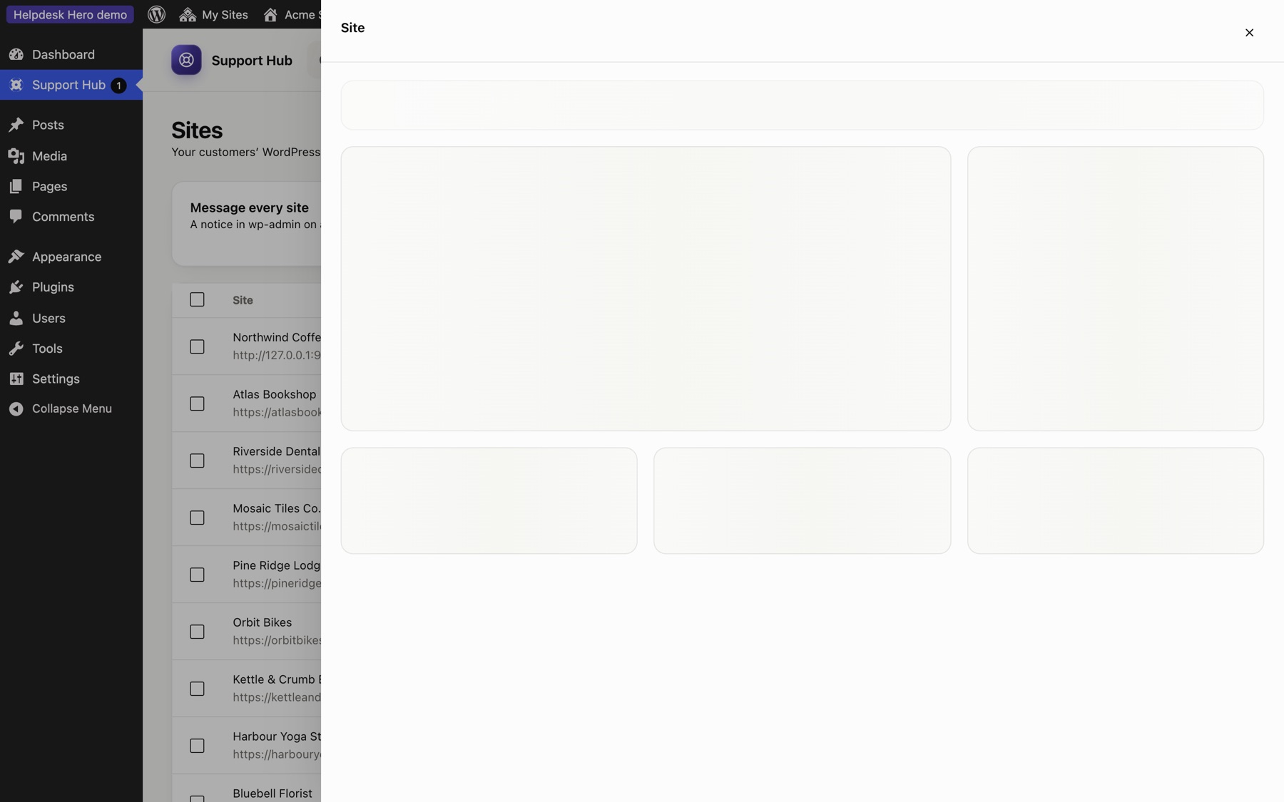 A connected site's panel, with its policy and actions.