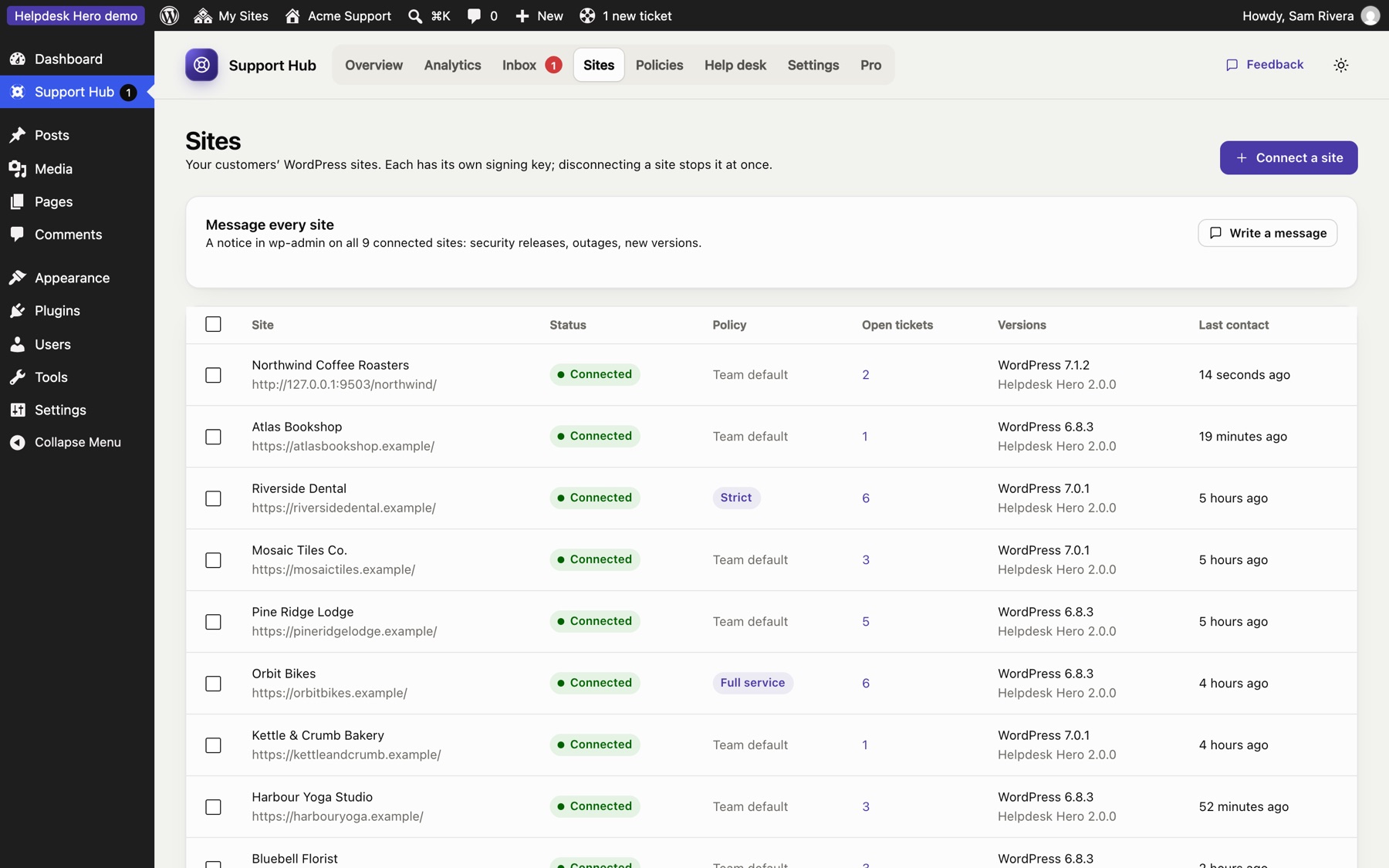 The Sites page with connected customer sites.