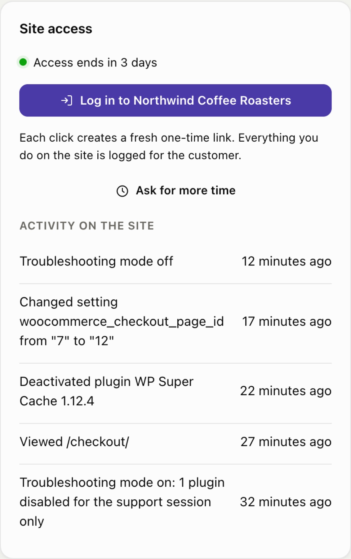 Site access on a hub ticket: a one-click login button and the list of what support did on the site.