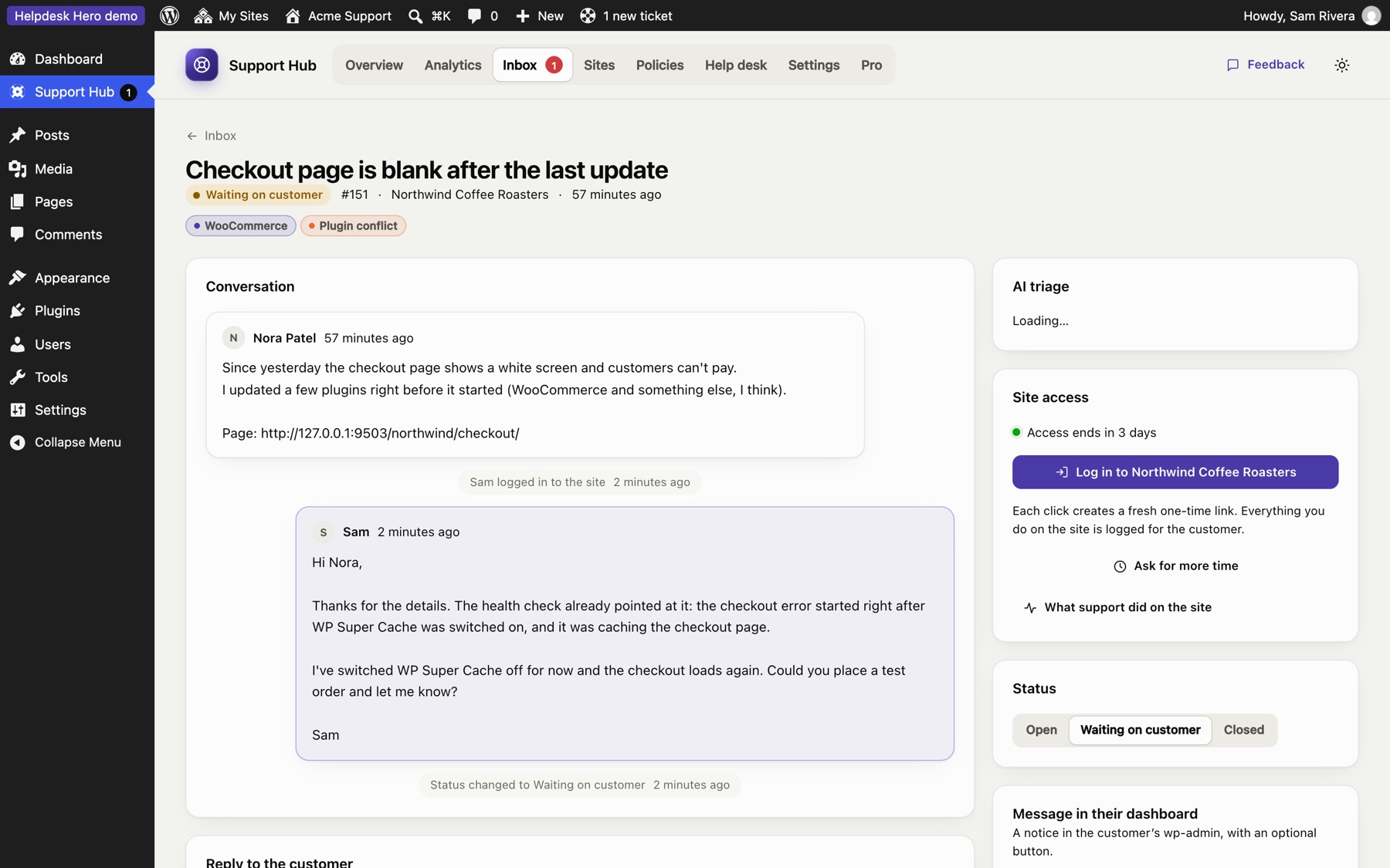 A ticket in the Helpdesk Hero hub: the customer’s message, the support reply, and a one-click login to the customer’s site.