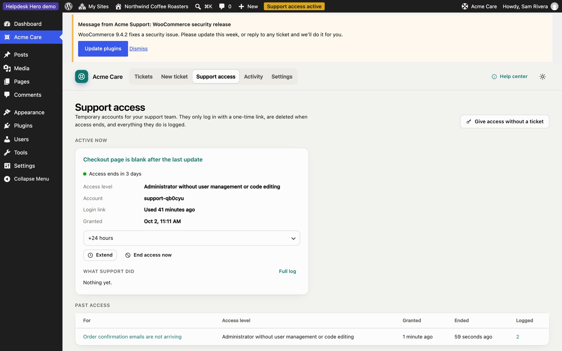 The customer's Support access page.