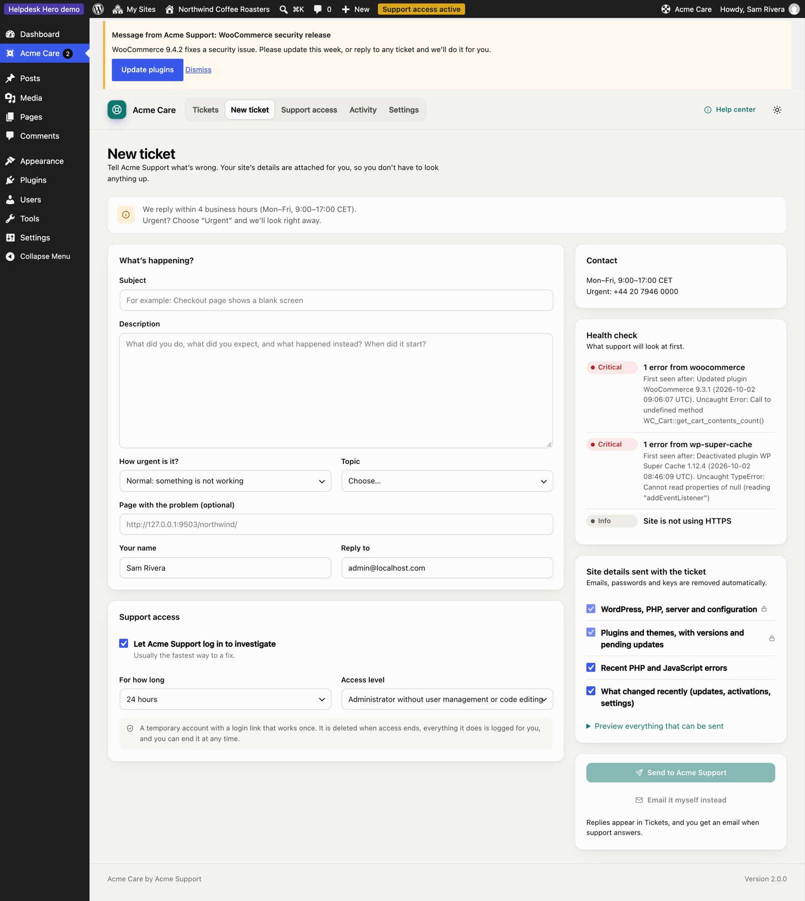 The New ticket form on a customer’s site, with the health check and the site details that will be sent.