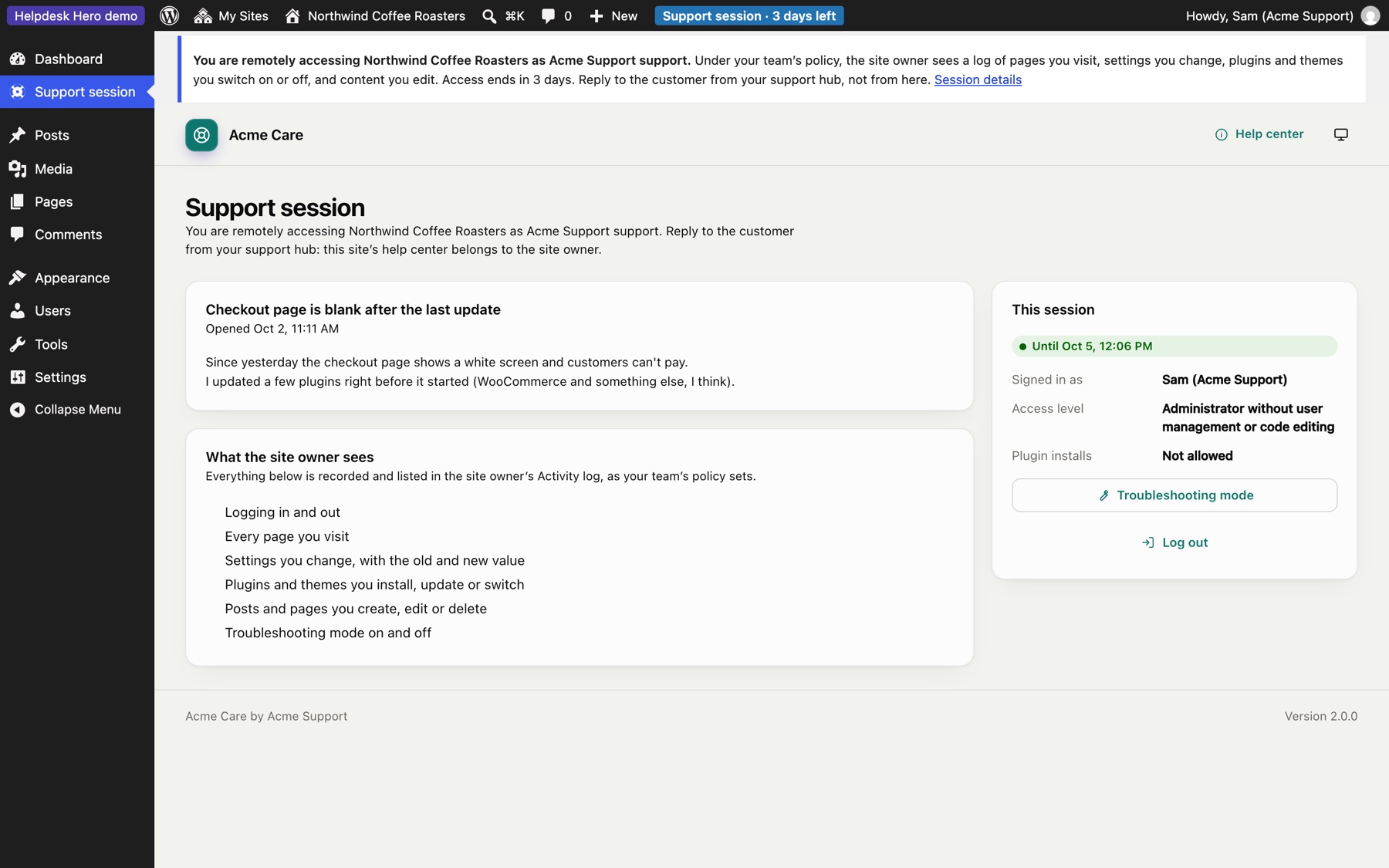 The Support session page and notice on a customer's site.