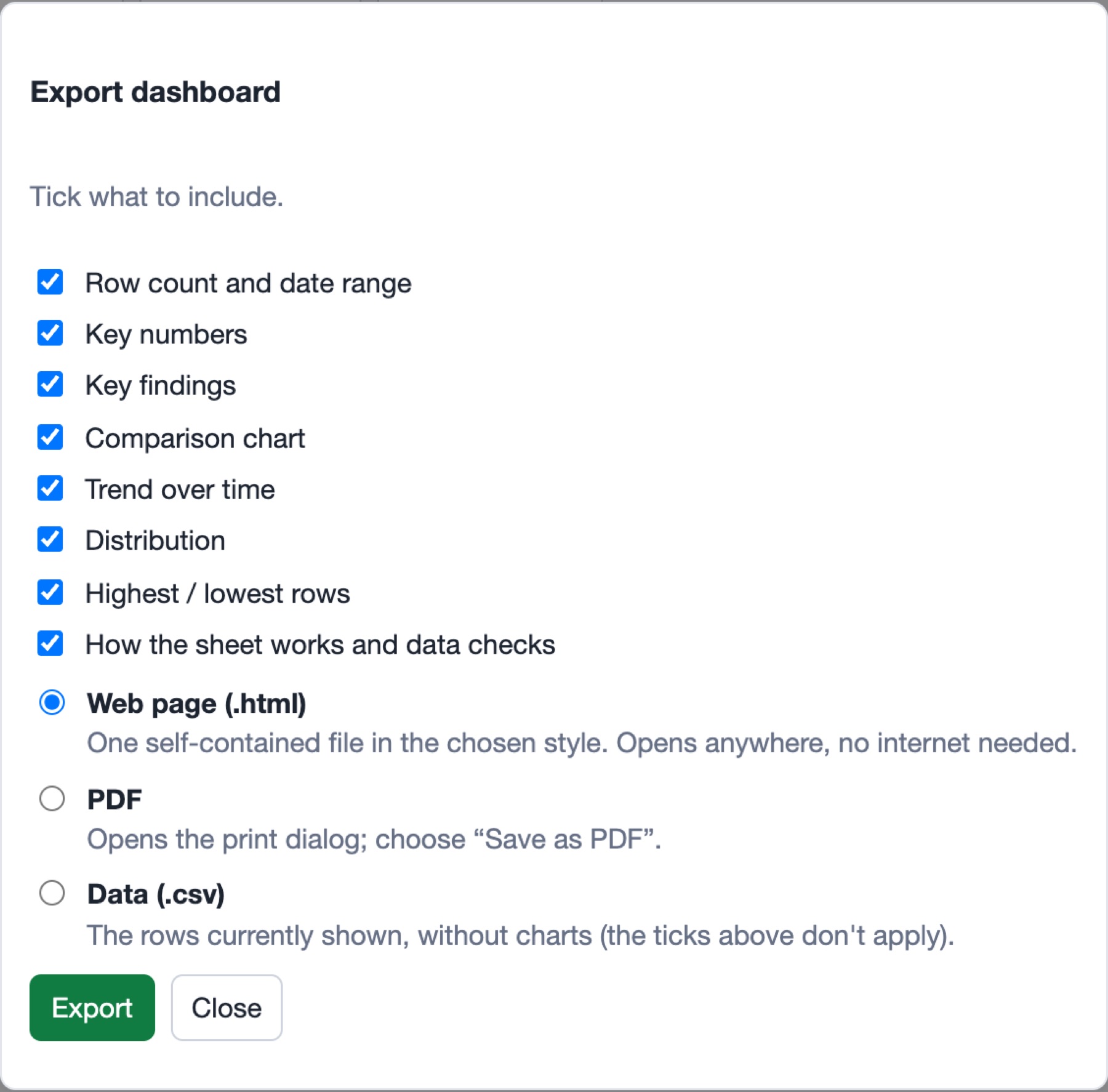The export dialog
