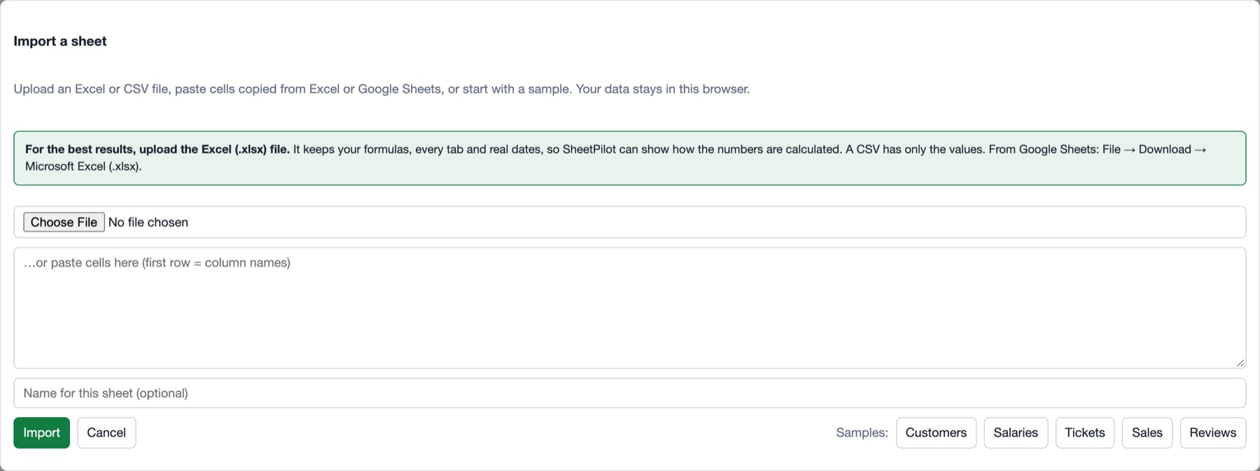 The import dialog, with the recommendation to upload an Excel file.